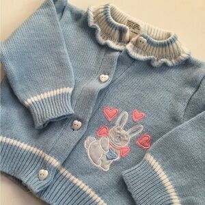 Vintage Baby Cardigan Knit Sweater Bunny Heart Buttons Ruffle Collar